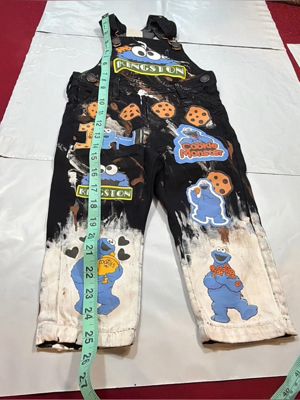 OFFCORSS BLACK denim bib overall jeans white tan paint splatters COOKIE MONSTER